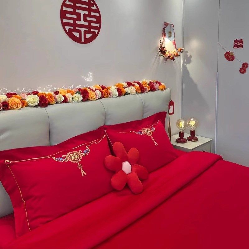 中式婚庆四件套大红色新婚床单被套结婚L床上用品婚房陪嫁喜被