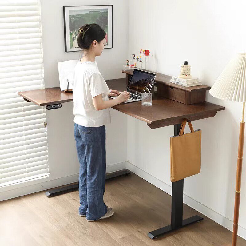 黑胡桃木转角书桌实木电动升降桌l型拐角电脑桌R定制智能升降书桌