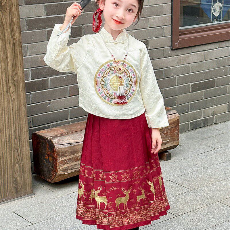 女孩秋季长袖国风唐装新款女童汉服国学服朗诵马面裙套装中秋节