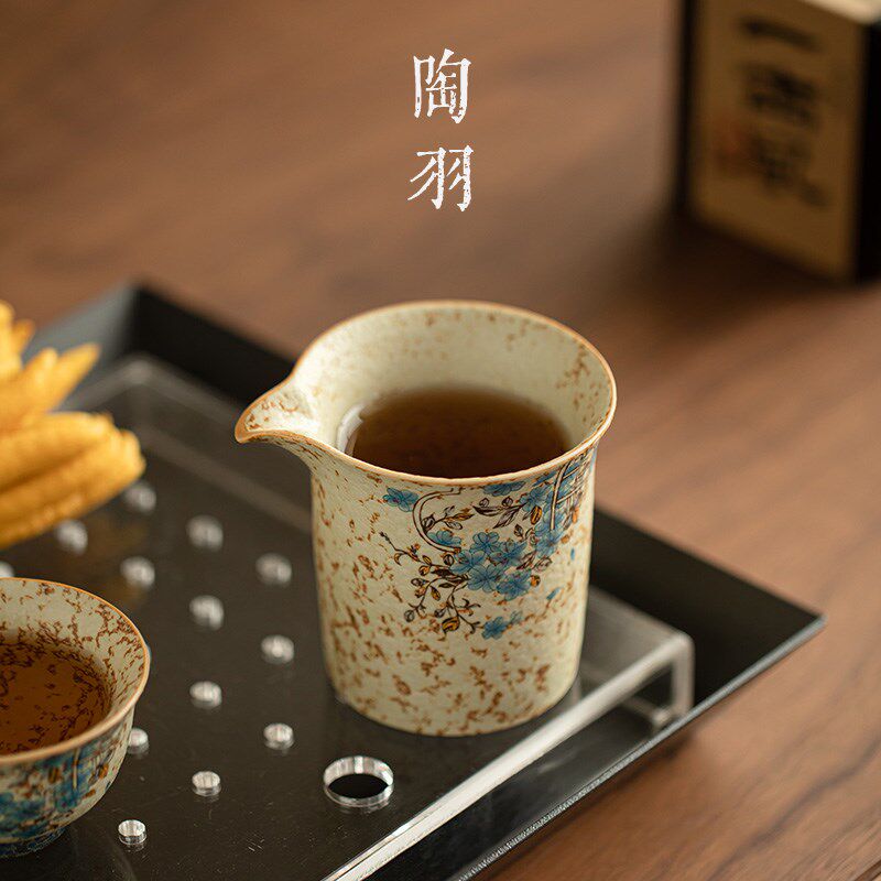 青花火石红窗花描金陶瓷公道杯茶海手抓公杯分S茶器泡茶功夫茶具