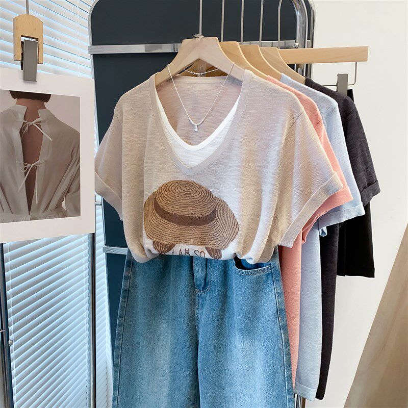 v领假两件提花针织衫女2025夏装新款宽松慵懒风上衣薄短袖t恤衫潮