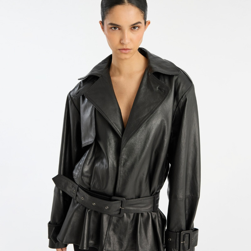 Rotate 束腰荷叶边立领羊皮宽松皮衣夹克外套