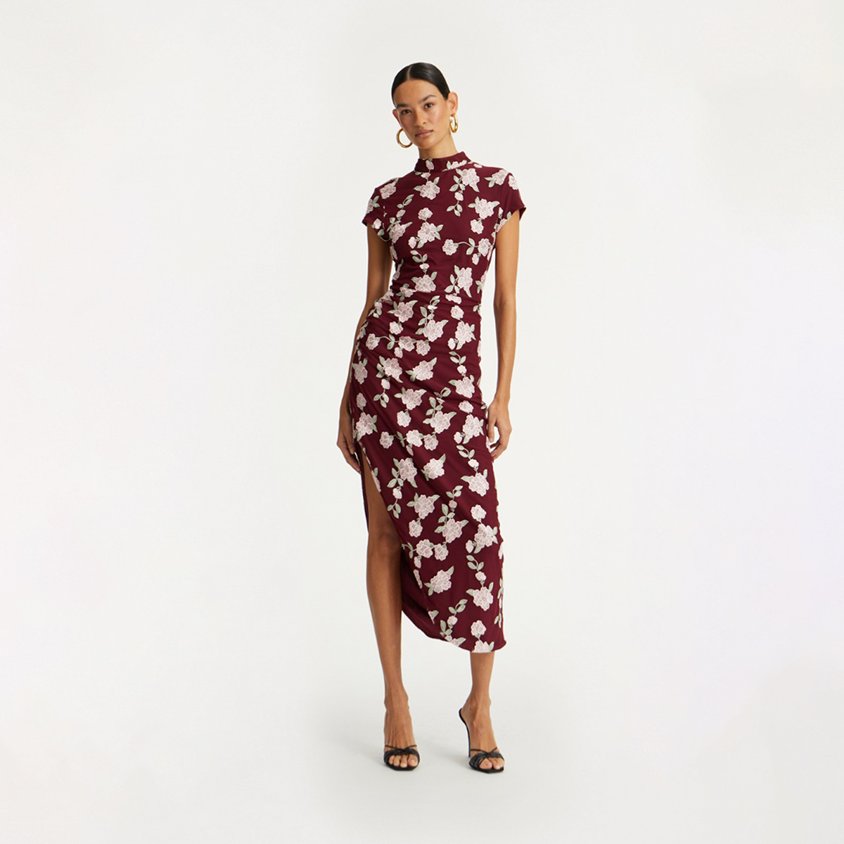 Rotate 波尔多红花卉刺绣立领不规则高开衩裙摆网眼修身连衣裙