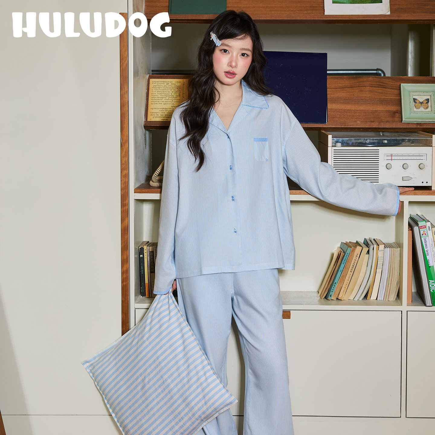 HULUDOG女款天丝棉家居服套装蓝
