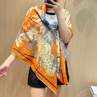 H家四季之王的加冕丝巾丝绒真丝围巾羊绒女大披肩140方巾礼盒装