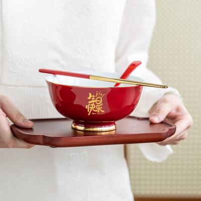 长寿面碗宝宝周岁定制生日礼物碗碟定制套装红色碗筷套装伴手礼品