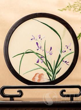 苏绣桌面屏风创意刺绣摆件中国风中式家居红木台屏手工双面绣摆台