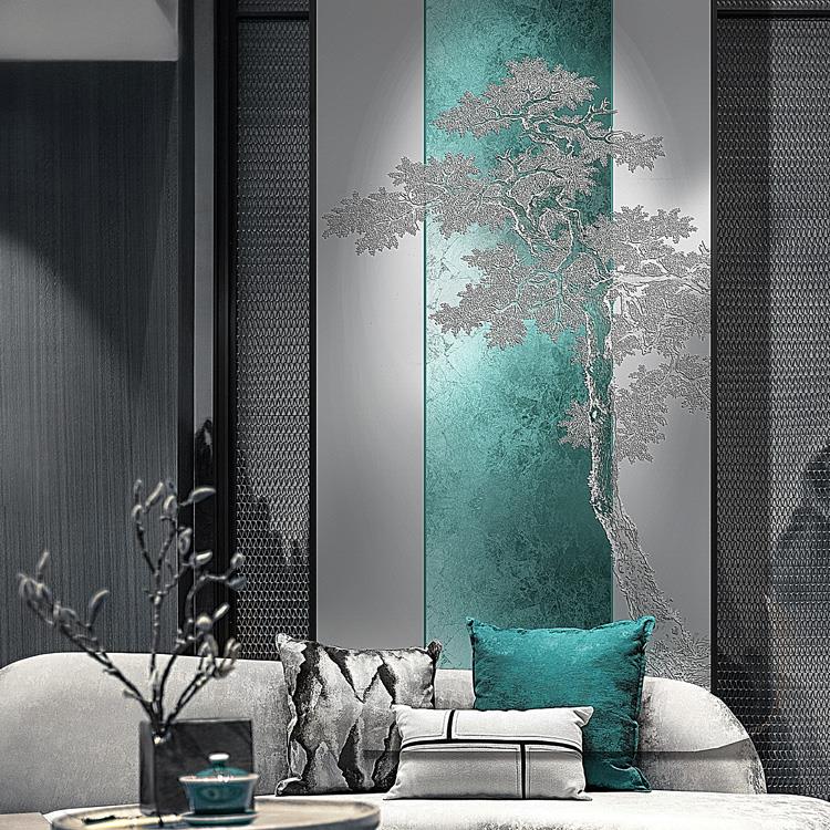 新中式彩金浮雕高端装饰画 画迎客松肌理浮雕寓意好入户玄关走廊