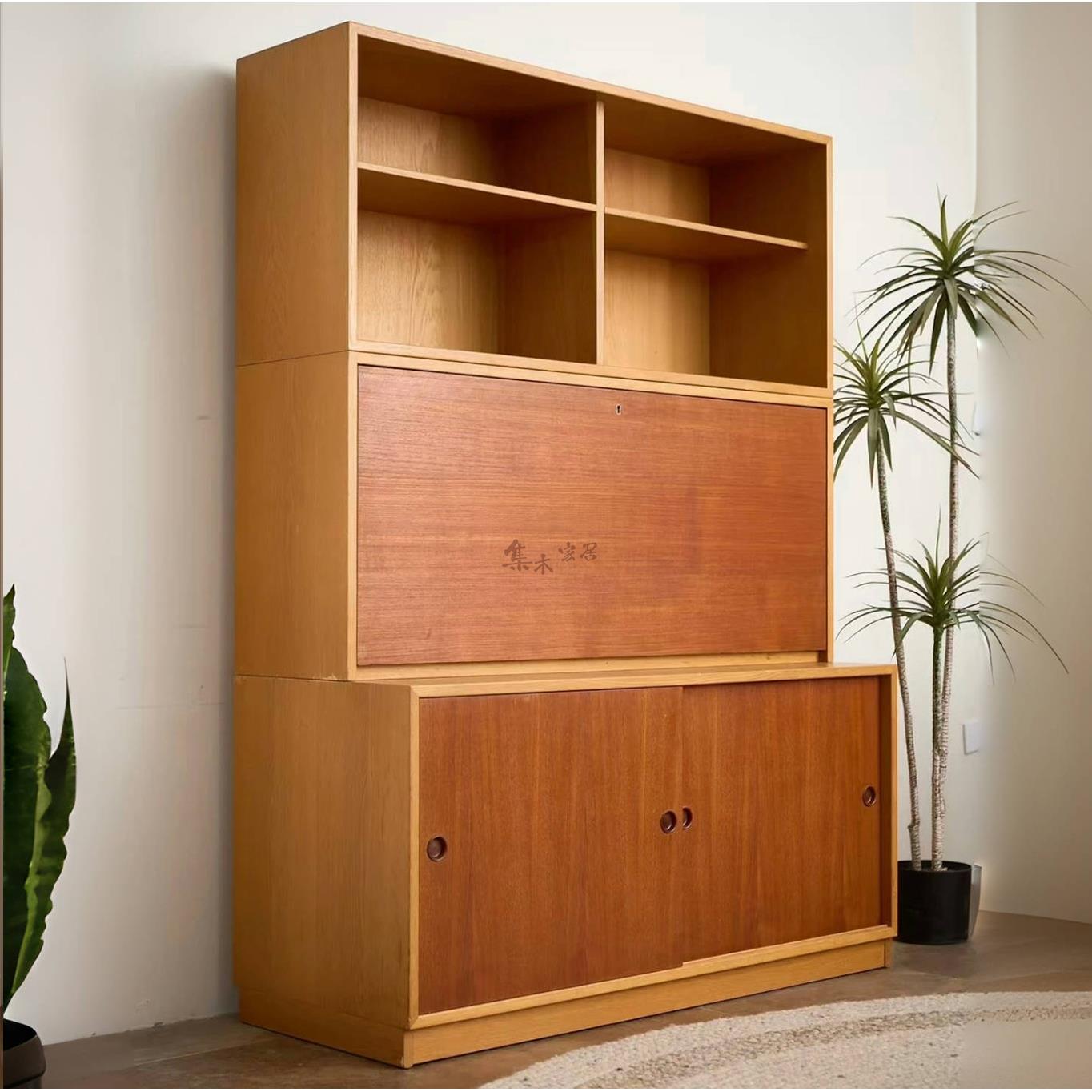 中古拼色实木组合书柜复古书桌柜靠墙一体储物柜置物柜客厅收纳柜