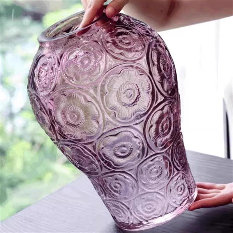 法式浮雕玻e璃花瓶绛紫色客厅插花高级感摆件透明琉璃花器宫廷欧
