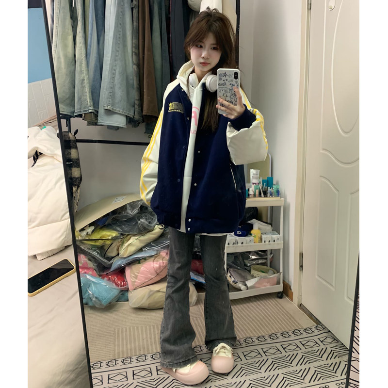 美式复古条纹拼接撞色棒球服女春秋2024新款情侣高街宽松夹克外套