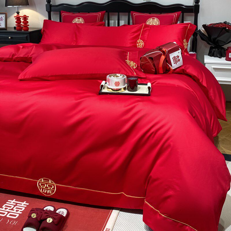 结婚四件套中式婚庆大红色全B棉被套床单新婚婚房床上用品