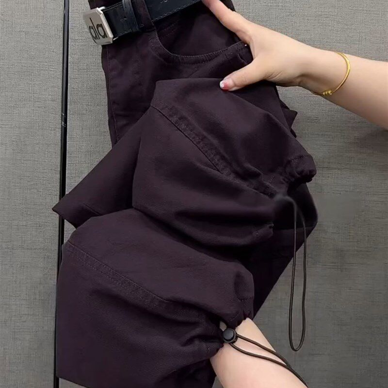 秋季新款小个子九分欧式弯刀裤女宽松显瘦深紫色工装裤休闲束脚裤