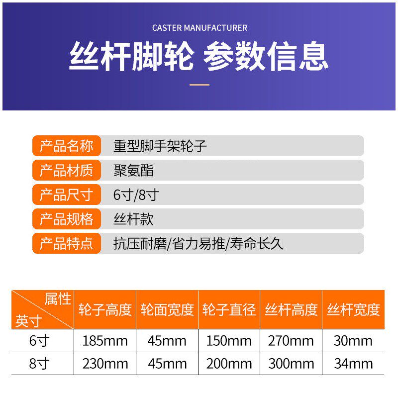 重型6寸丝杆脚轮工地脚w手架移动轮子定向刹车轮万向轮