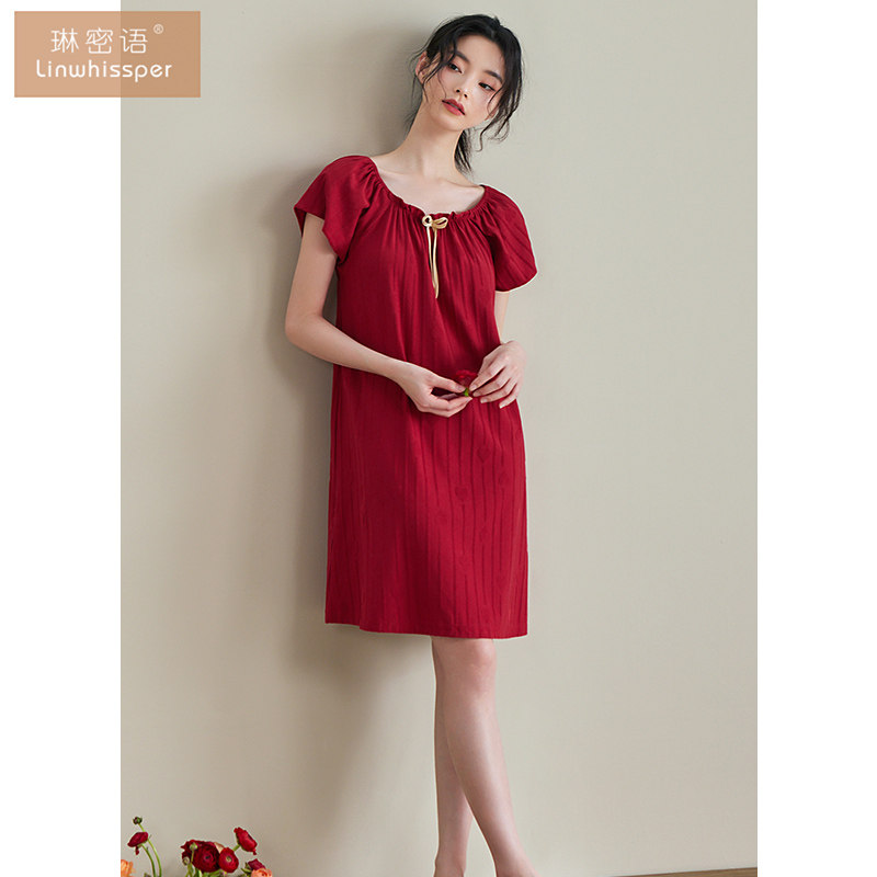 睡裙女士夏季薄款纯棉短袖红色本命年睡衣家居服新款大码连衣裙子