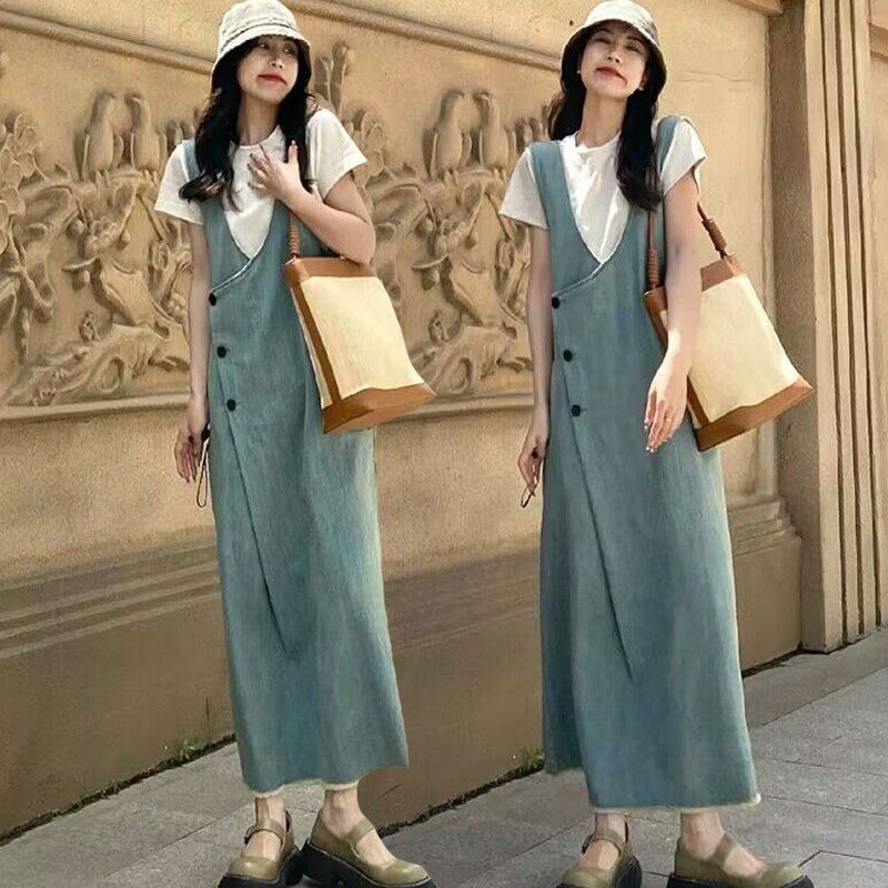 夏季大码女装胖mm显瘦遮肚法式牛仔背心连衣裙打底T恤吊带裙套装