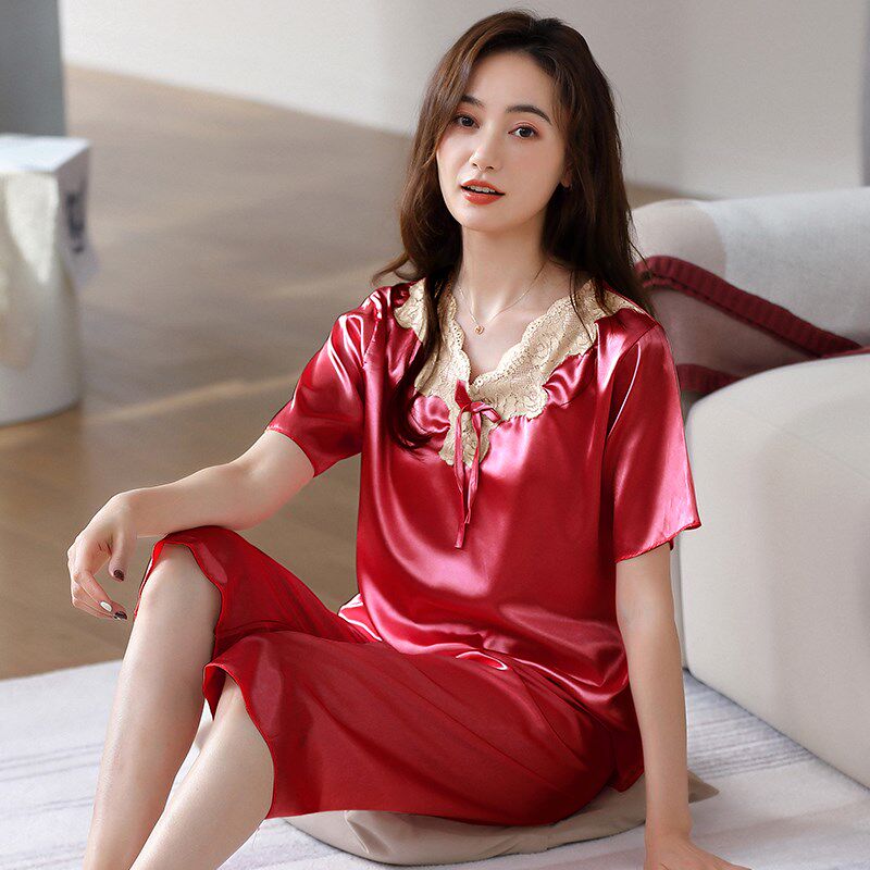冰丝女士睡衣夏季薄款V领短袖七分裤丝绸夏天休闲两件套装家居服