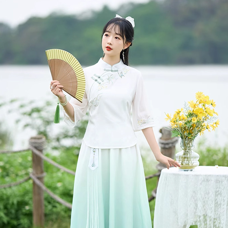 新中式汉服套装女2024新款民国风学生改良旗袍上衣半身裙禅意茶服