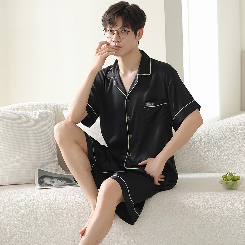 男士睡衣夏季冰丝短袖短裤简约时尚休闲套装高级感丝绸家居服夏款