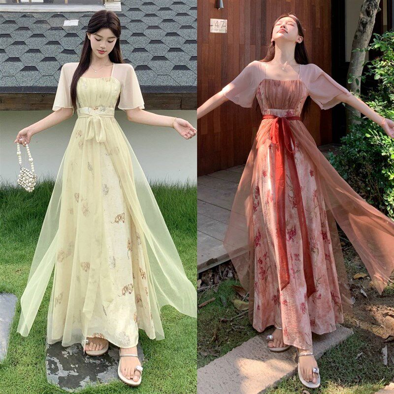 大码新中式古风汉服连衣裙女夏季胖mm少女年轻款改良版禅意长裙子