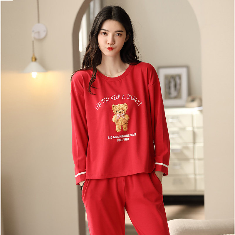 睡衣女春秋长袖纯棉大码套头新款秋冬红色本命年家居服套装可外穿