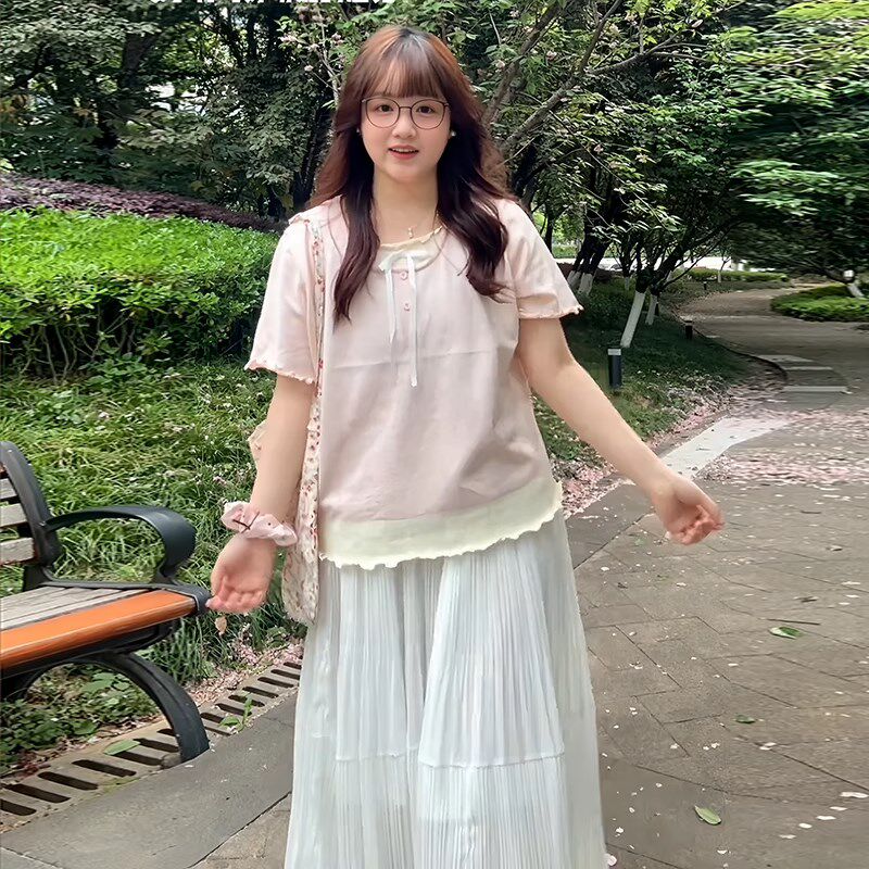 大码女装减龄假两件撞色木耳边短袖夏季新款胖mm宽松显瘦甜美上衣