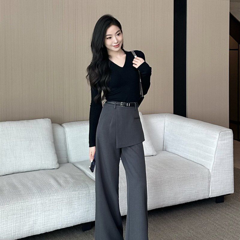 美娜假两件休闲裤2025新款层次感裙裤宽松直筒女长款高腰灰色裤子