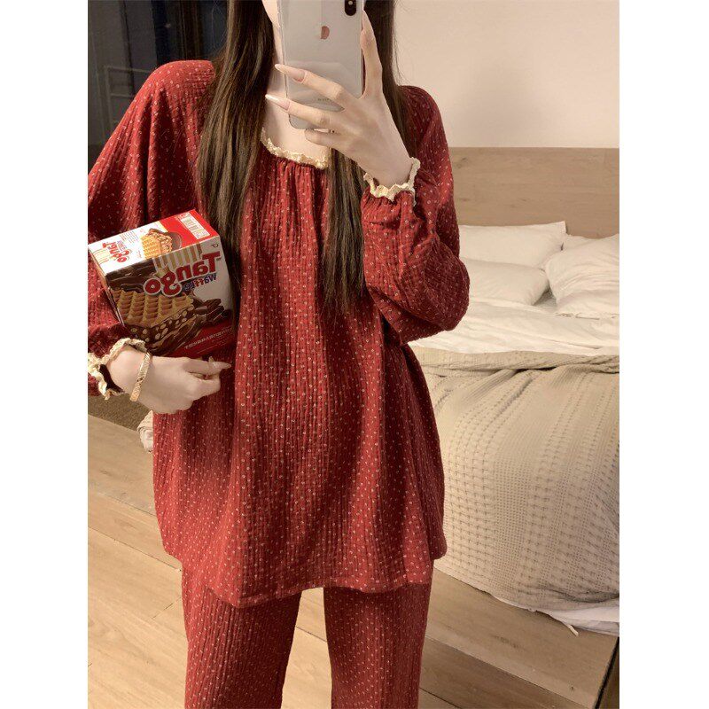 睡衣女春秋季韩版甜美蕾丝波点纯棉纱布长袖长裤家居服套装学生冬