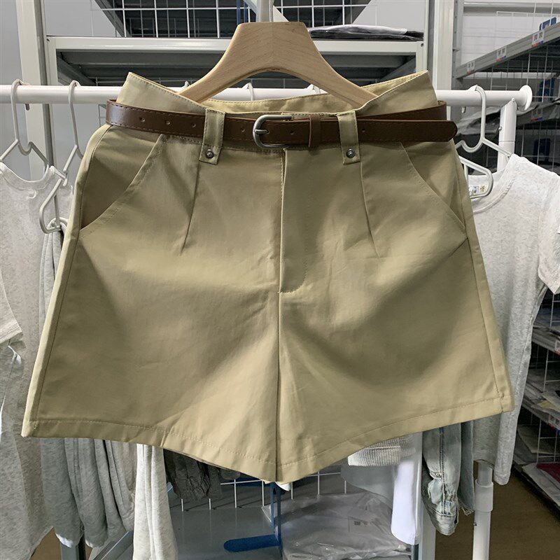 卡其色工装短裤女2024夏高腰裤子时尚纯色腰带直筒休闲A字阔腿裤
