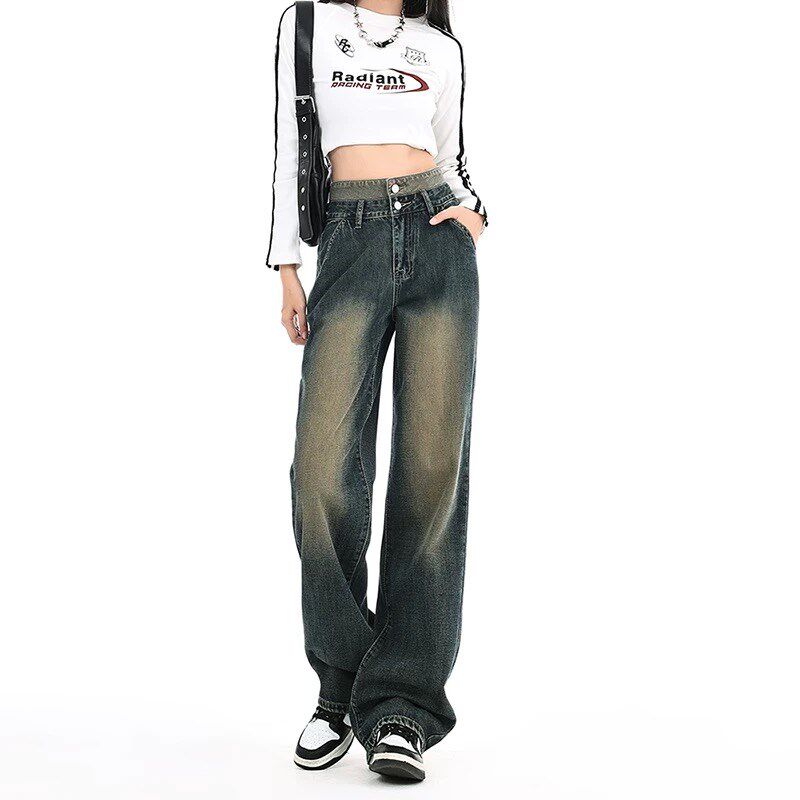 复古做旧阔腿牛仔裤女春秋夏季2025新款宽松高腰显瘦直筒拖地裤子