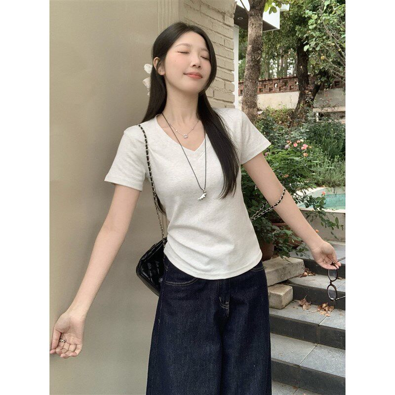 大码胖mm甜辣妹V领正肩短袖T恤女夏季新款遮肚显瘦减龄百搭上衣潮