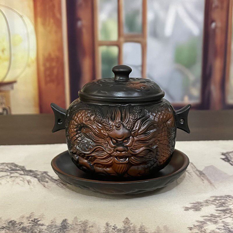紫陶龙壶b底部出水泡茶器功夫茶具漏斗壶中式手抓壶手工满雕茶壶