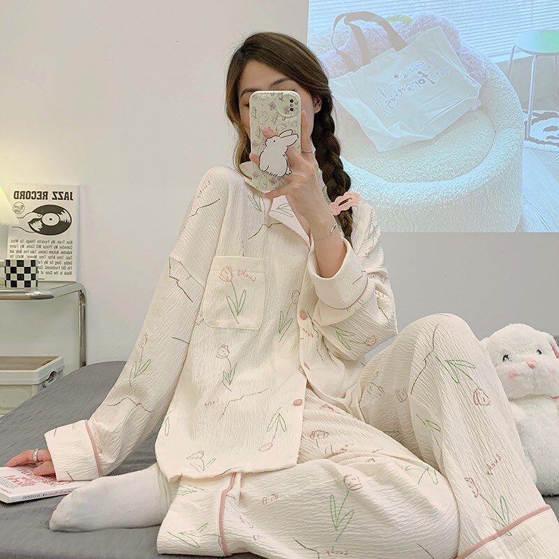 高级感纯棉长袖睡衣女款2024年春秋夏季新款休闲可外出家居服套装
