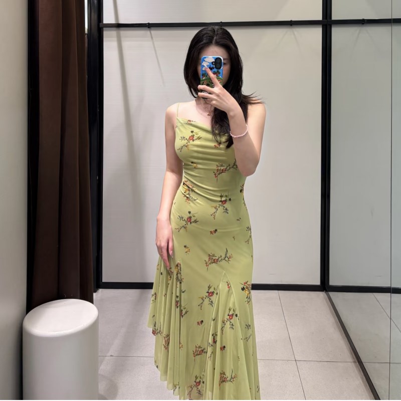 ZA春季新款女装气质印花垂褶领吊带迷笛连衣裙 5039123 526