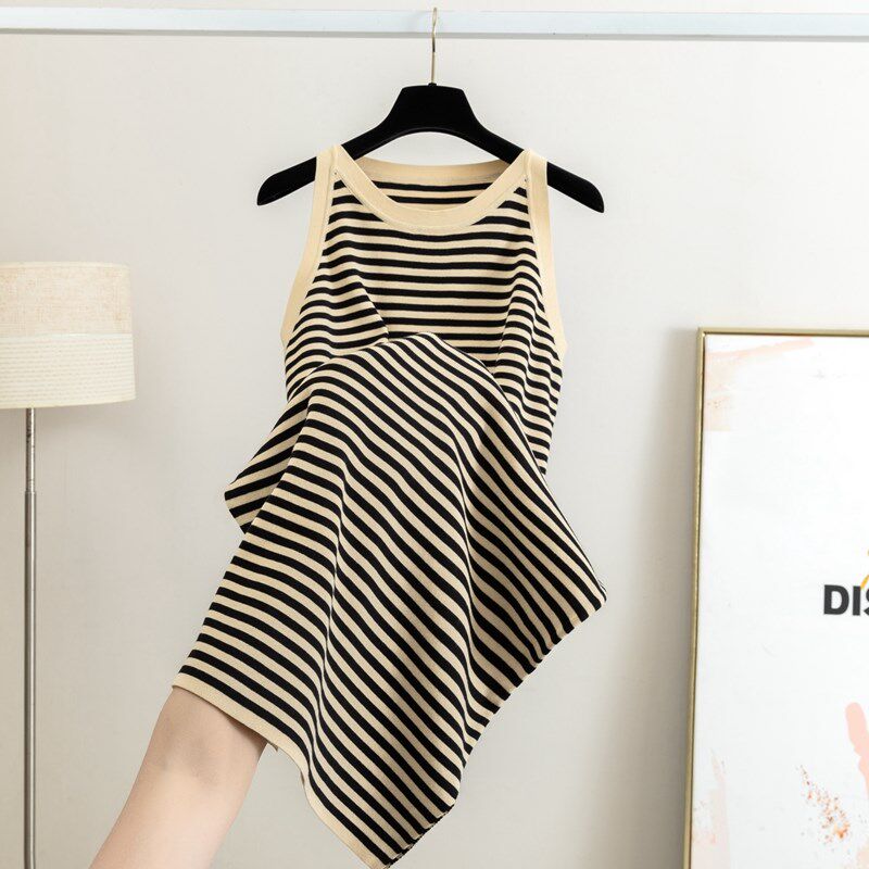 法式挂脖条纹针织吊带背心无袖连衣裙女夏季中长款开叉内搭外穿裙