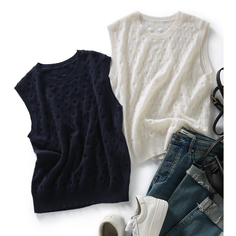薄款镂空羊绒针织衫马甲女圆领宽松外穿羊毛背心毛衣打底坎肩马夹