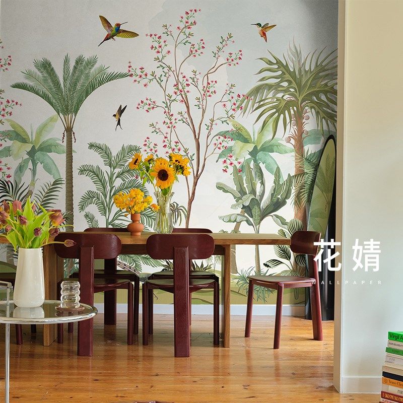 墙纸定制法式花鸟卧室背景墙壁纸热带植物客厅沙T发影视墙壁画墙