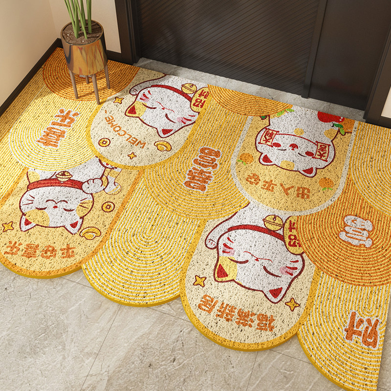 招财猫入户地垫金色进门脚垫门口蹭土门外家用防滑地毯丝圈不规则
