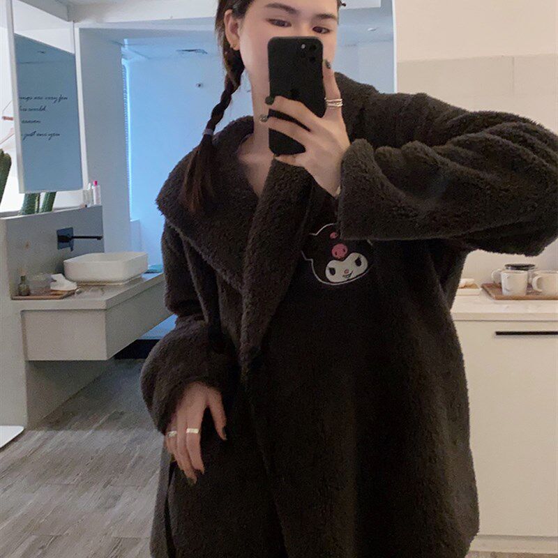 韩国卡通库洛米连帽加厚睡衣裤套组女秋冬季保暖长毛绒纯色睡袍长