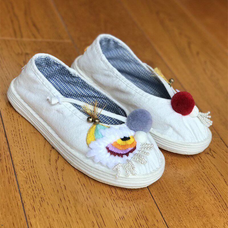 孤馆夏季新款手工千层底中国风复古布鞋女白色绣花汉服时尚单鞋