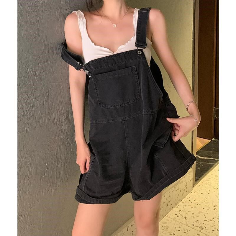 背带短裤女夏季大码高腰直筒宽松显瘦五分裤小个子黑色连体背带裤