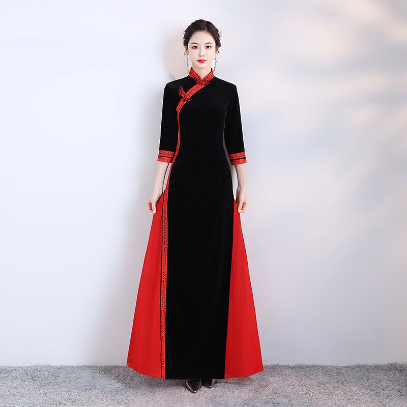 2025年新款修身改良走秀旗袍裙演出服女长款黑色形体高端丝绒春季