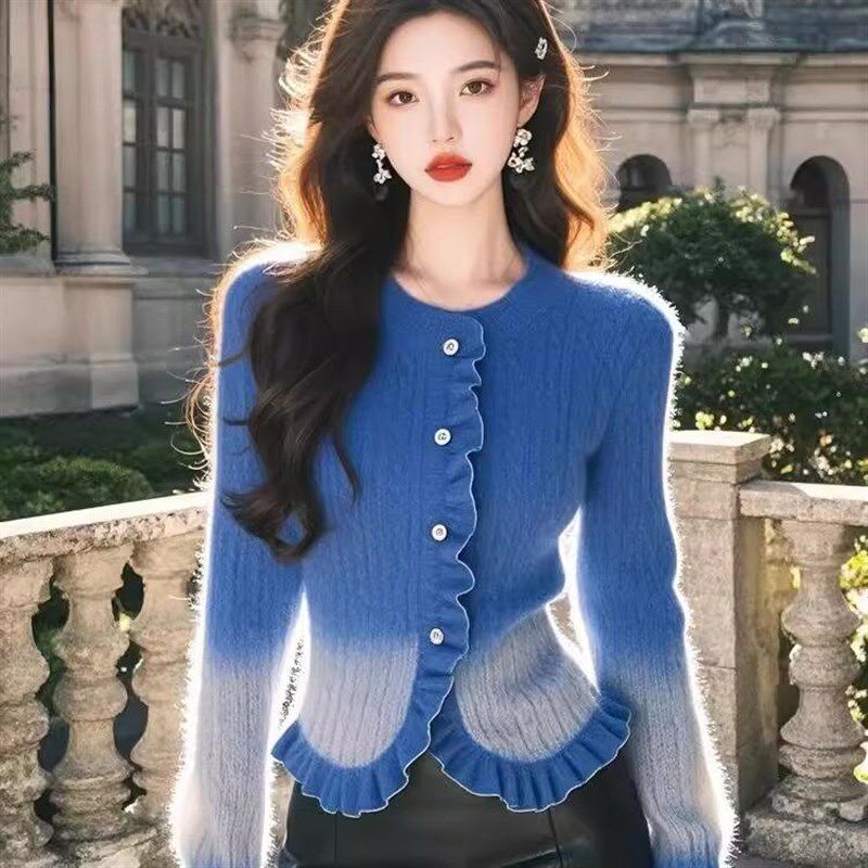 蓝色渐变针织开衫毛衣外套女2024秋冬款高级感超好看独特别致上衣