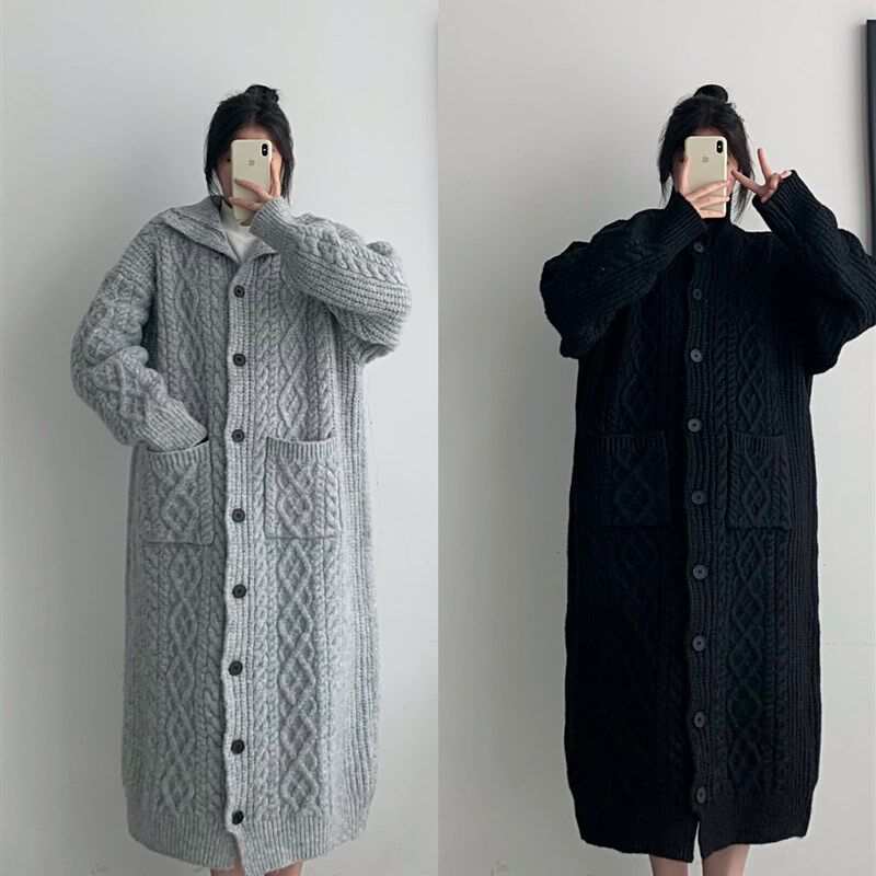 灰色慵懒风高个子针织开衫毛衣女韩系大码宽松过膝休闲百搭外套潮