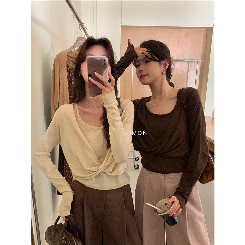 2024早秋长袖针织衫女设计感小众外搭短款罩衫两件套吊带背心上衣