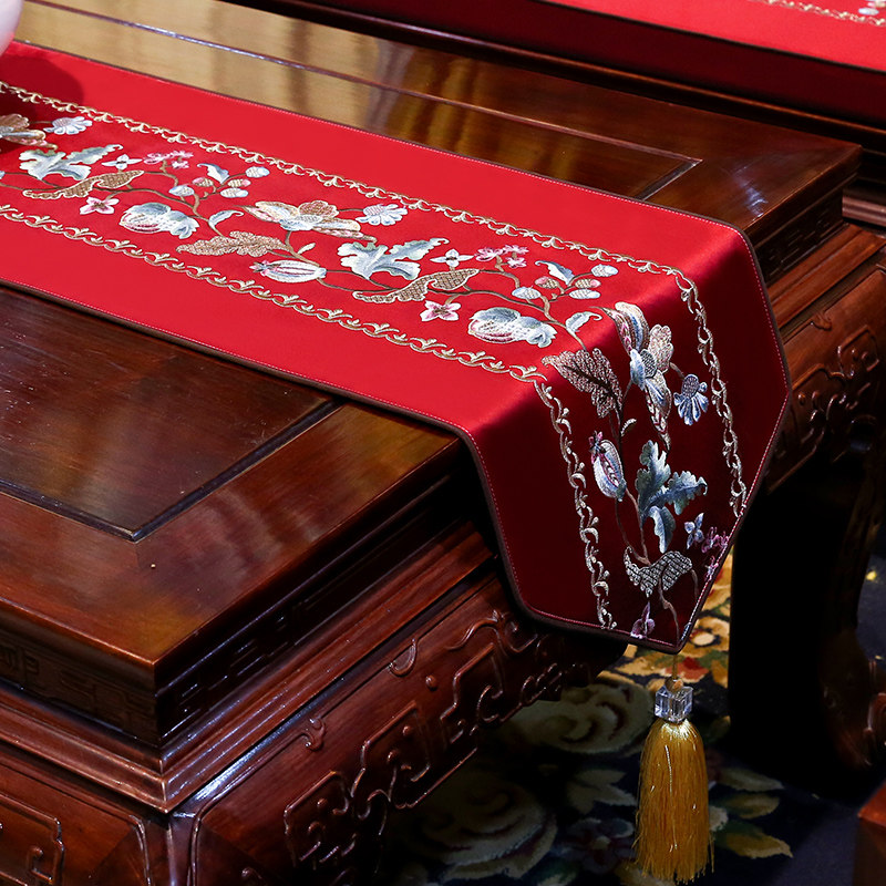 新中式桌旗中国风禅意餐桌茶几桌布红色结婚床旗条布现代简约轻奢
