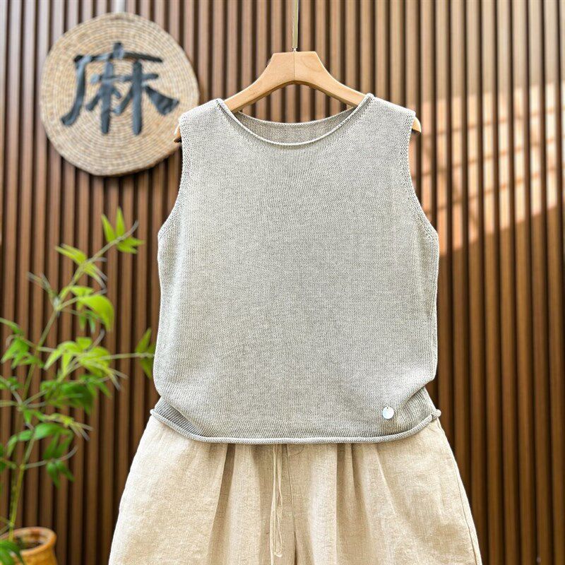 轻薄透气!亚麻针织马甲背心女外穿夏季薄款宽松无袖套头上衣短款