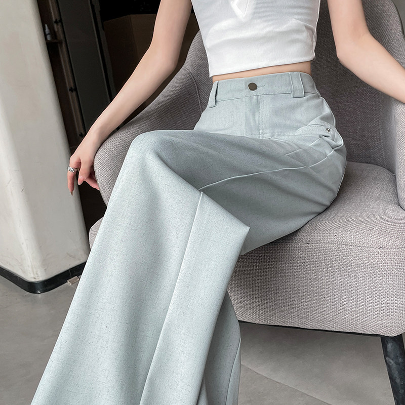 棉麻西装阔腿裤女春夏2025新款高腰显瘦垂感窄版直筒拖地休闲裤子
