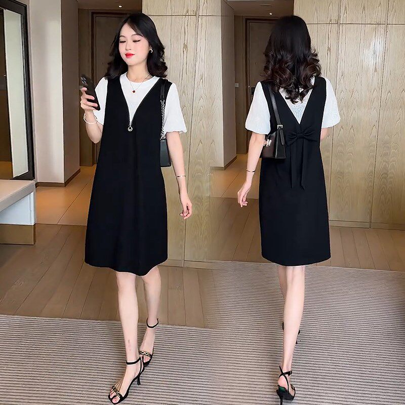 假两件连衣裙女大码2025夏季新款中长款宽松遮肚子显瘦泡泡袖裙子