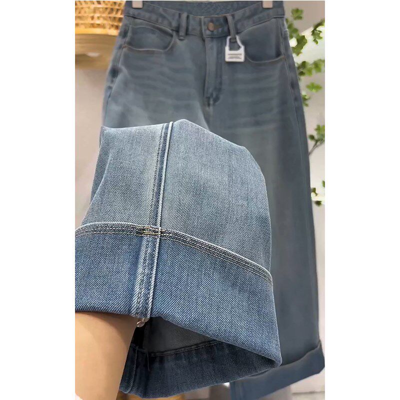 2025春季新款阔腿裤女大码高腰九分卷边牛仔裤胖mm宽松显瘦直筒裤